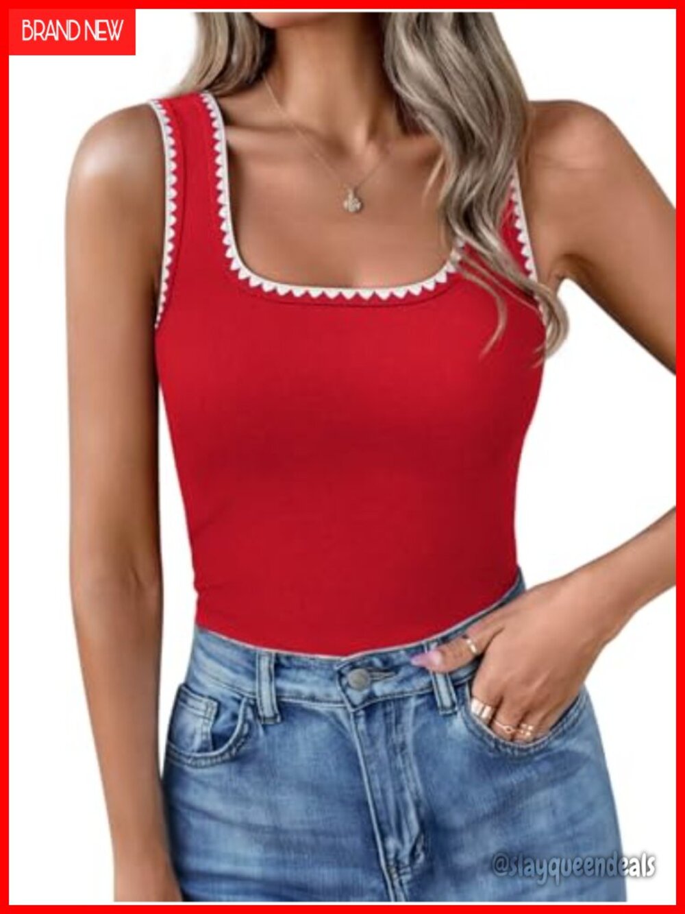 Womens Square Neck Tank Top Ribbed Cotton Blend Sleeveless Fitted Summer
